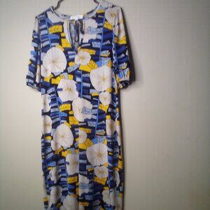 Nikki Nikki Poulos Dress Women L Short Sleeve Soft Stretch Pattern Blue Yellow